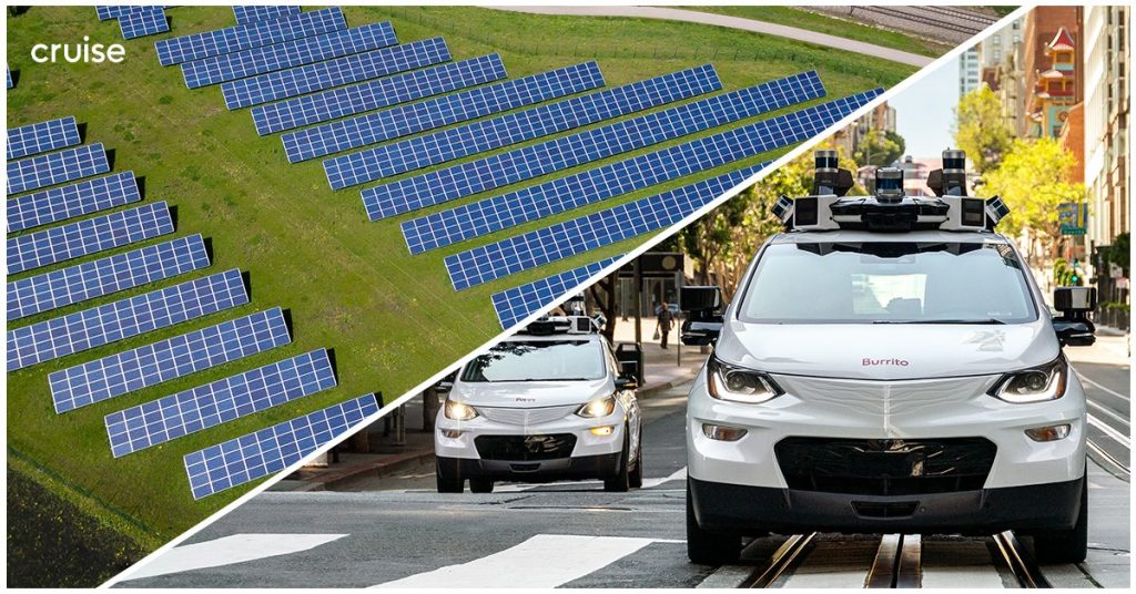 Cruise driverless taxis on the road in California, with a photo of solar panels.