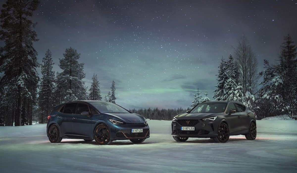 Cupra Born electric hatch and Formentor SUV under the northern lights