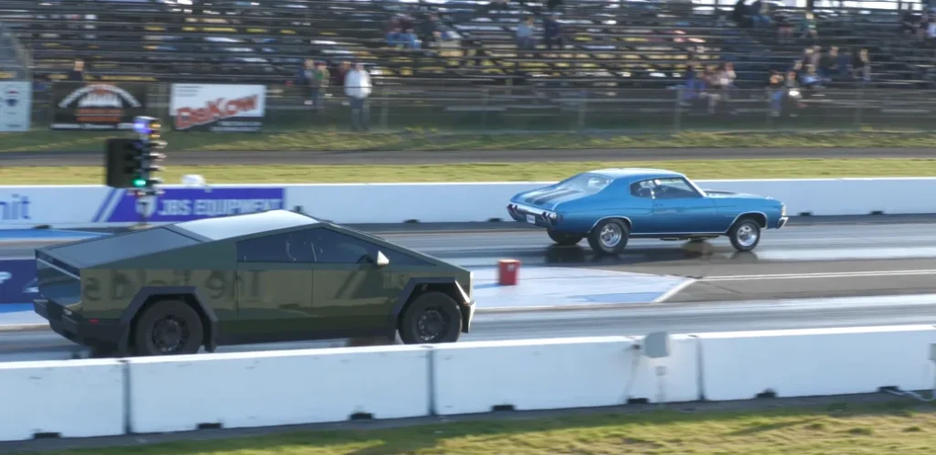 Tesla Cybertruck takes on classic muscle car 1970 Chevelle Malibu in a drag race and it's surprisingly close