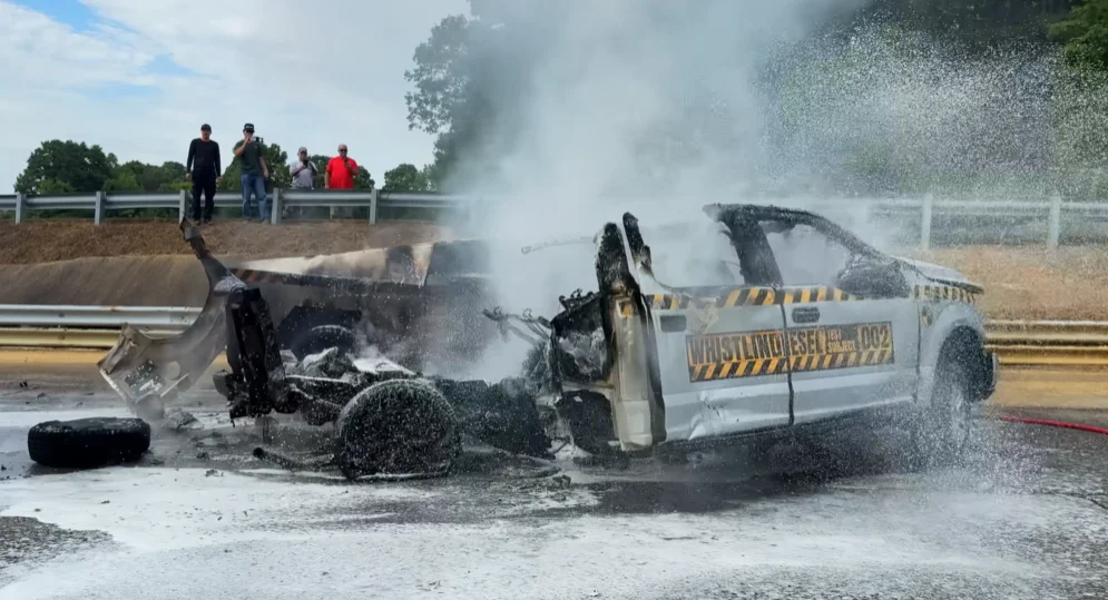 Tesla Cybertruck smashed into the side of a Ford F-150 at 110mph in test to see what happens and one ends up much better off than the other