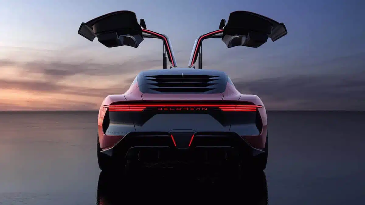 Rear view of the new DeLorean with gullwing doors raised