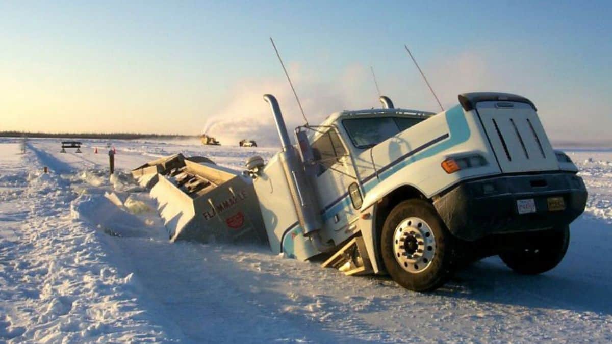 A truck stuck under ice in Alaska