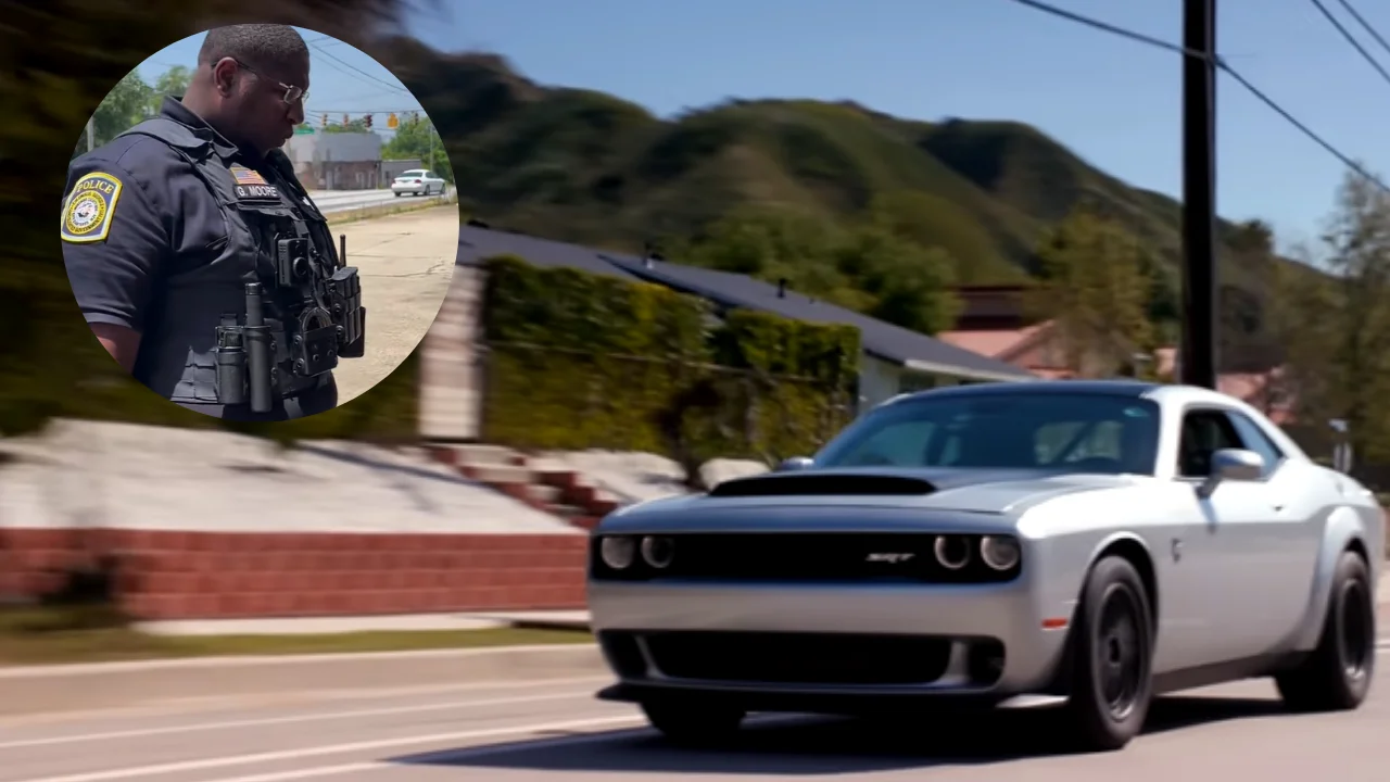 Cop pulls over Dodge Challenger SRT Demon 170 and quickly realizes he'd never have been able to catch it as he's left awestruck by horsepower