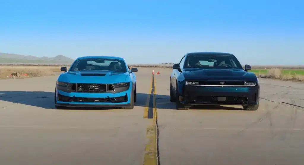 Dodge Charger Daytona EV outsprints Mustang Dark Horse in Edmunds’ U-Drags, showing how an EV muscle car compares with classic V8 power