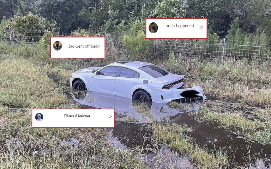 Somebody crashed this Dodge Charger in a swamp and just left it there