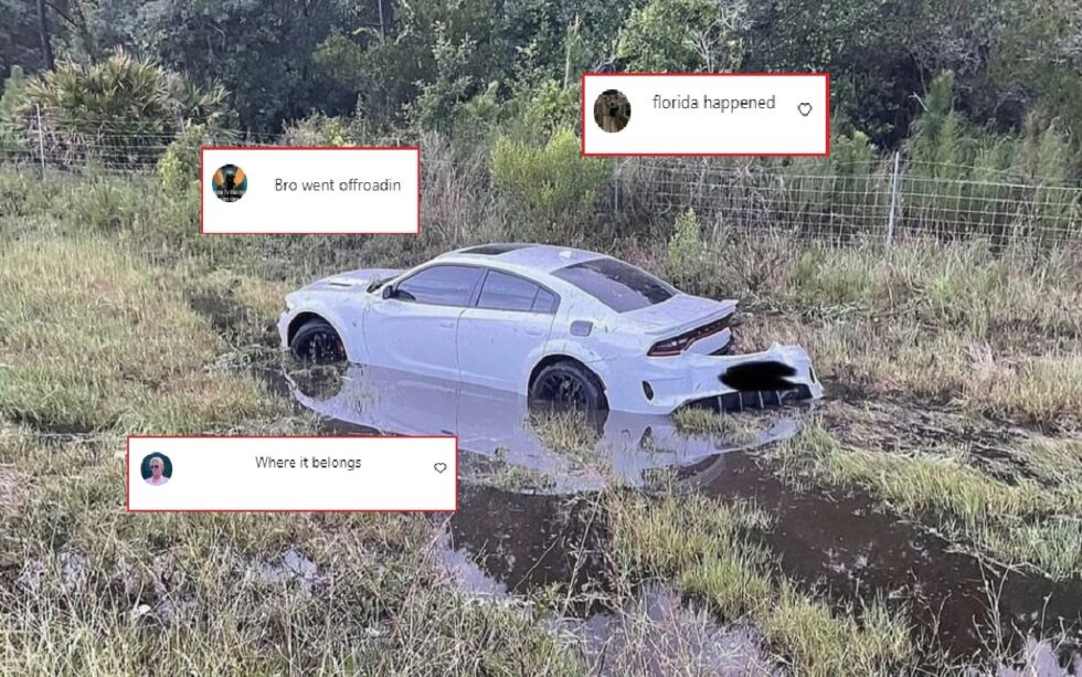 Somebody crashed this Dodge Charger in a swamp and just left