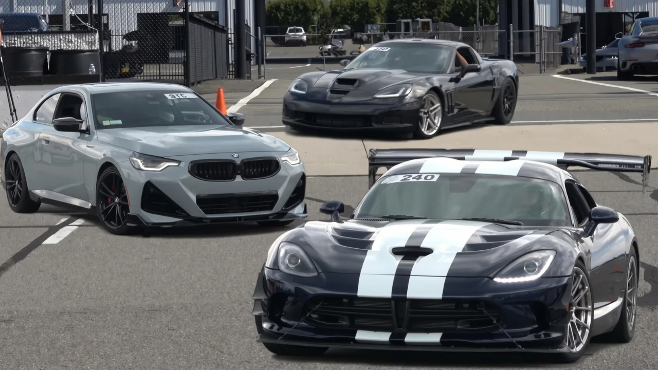 Dodge Viper ACR faces off against a Chevy Corvette Grand Sport and a BMW before the winner clearly emerges at over 200mph