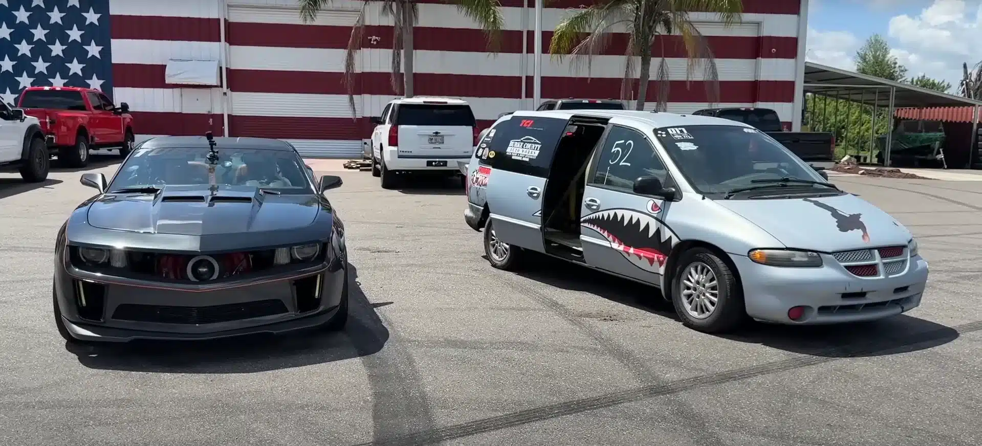 Two guys met up to drag race a turbine-powered Camaro against a Rolls-Royce turbine-powered minivan