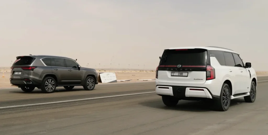 Nissan Patrol Y63 and Lexus LX600 go head-to-head in a heavyweight twin-turbo V6 drag race but only one comes out on top