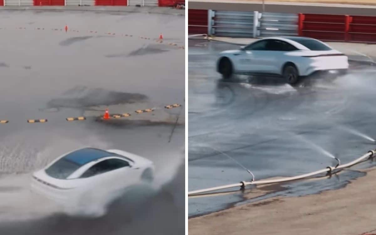Electric car breaks drifting record on wet track.