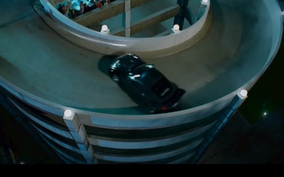 A car drifts up a car park ramp in The Fast and the Furious: Tokyo Drift.