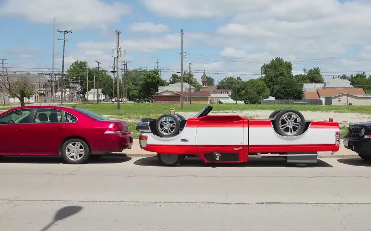 The mobile, upside-down truck built by a mechanic is brilliant