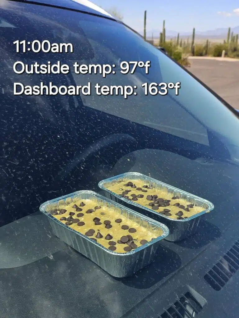 Driver demonstrates just how hot it is in Saguaro National Park by cooking banana bread on their dashboard