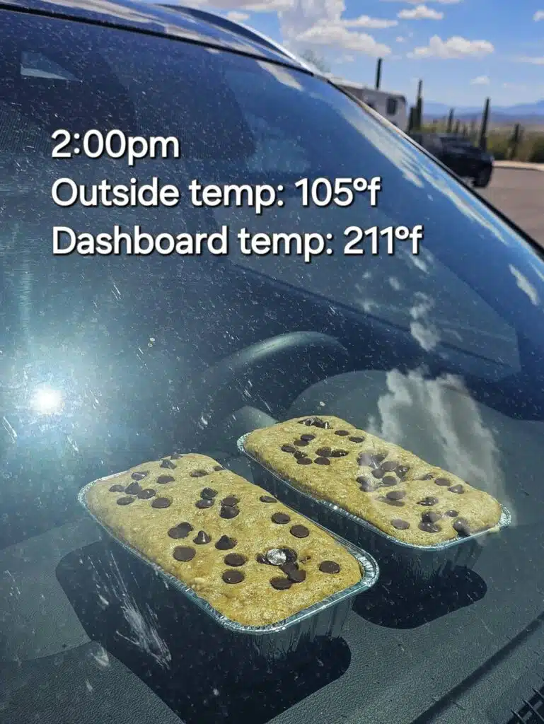 Driver demonstrates just how hot it is in Saguaro National Park by cooking banana bread on their dashboard