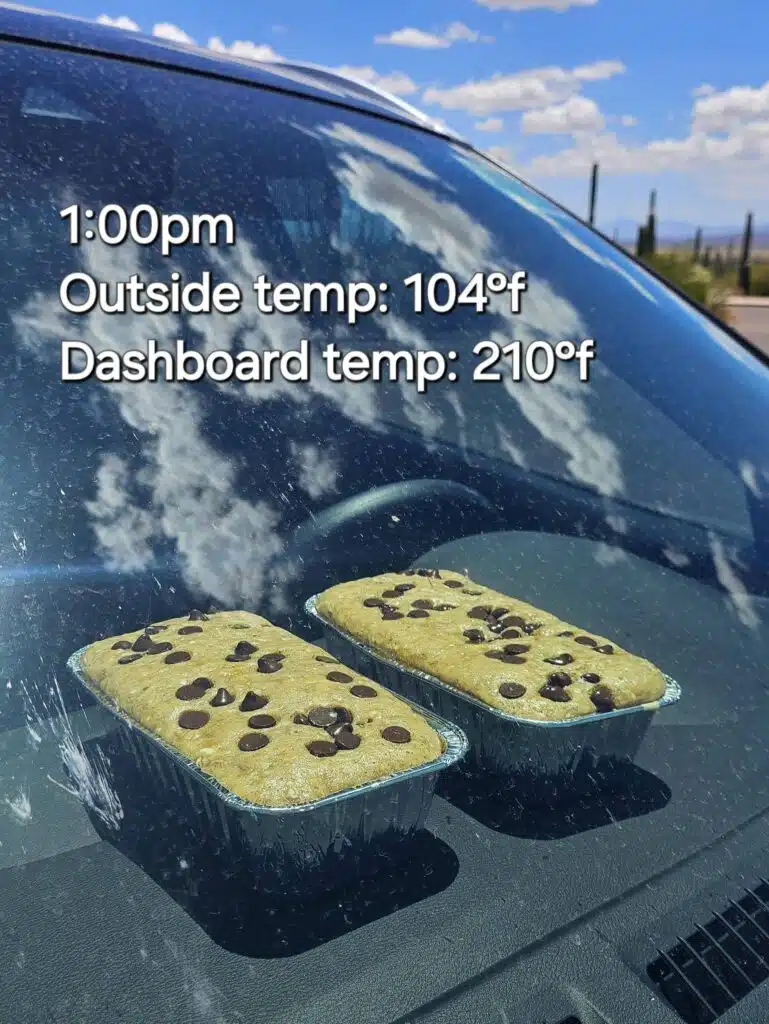 Driver demonstrates just how hot it is in Saguaro National Park by cooking banana bread on their dashboard