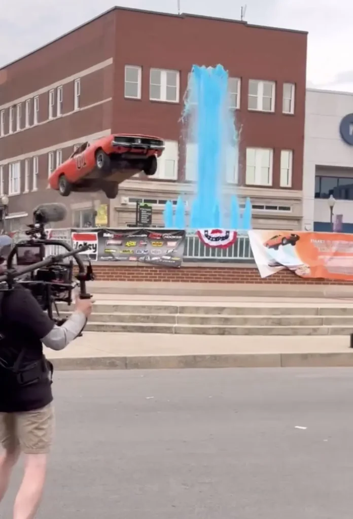 Iconic Dukes of Hazzard General Lee car flies through the air as it jumps Kentucky fountain