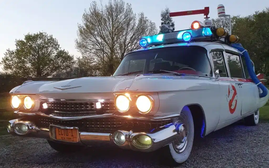 Iconic 59 Cadillac Ghostbusters Ectomobile 'Ecto-1' movie replica.