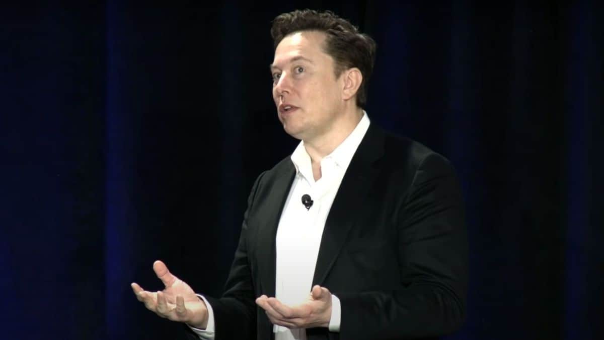 Elon Musk is pictured speaking.