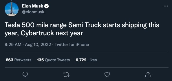 Elon Musk says shipping will start this year on the Tesla Semi Truck 