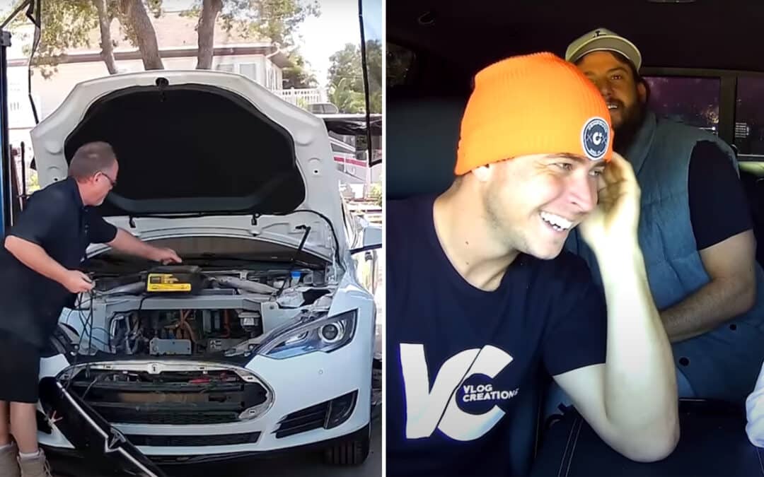 Man puts an engine in his Tesla and takes it for an oil change in hilarious viral video 