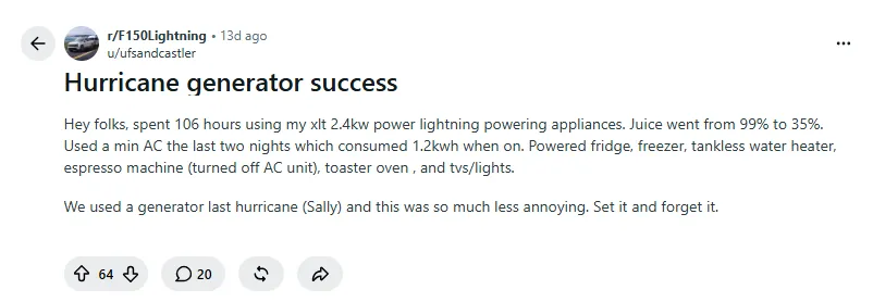 Ford F-150 Lightning owner powers fridge, freezer and mini AC for 106 hours during outage and still has 35% battery left
