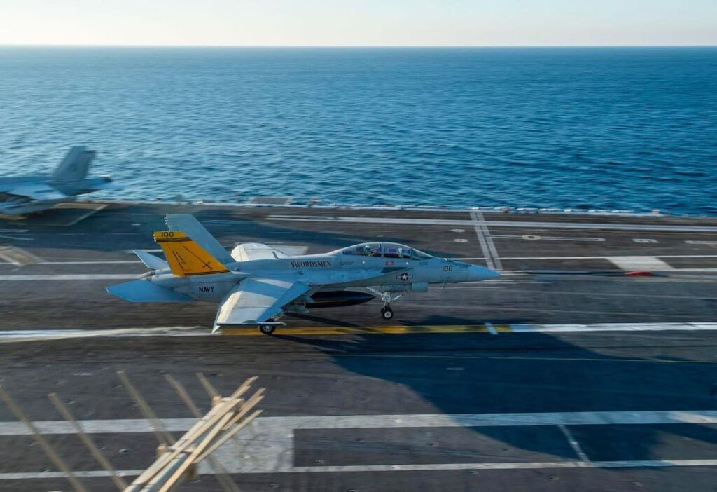 F-18 catapulting off an aircraft carrier