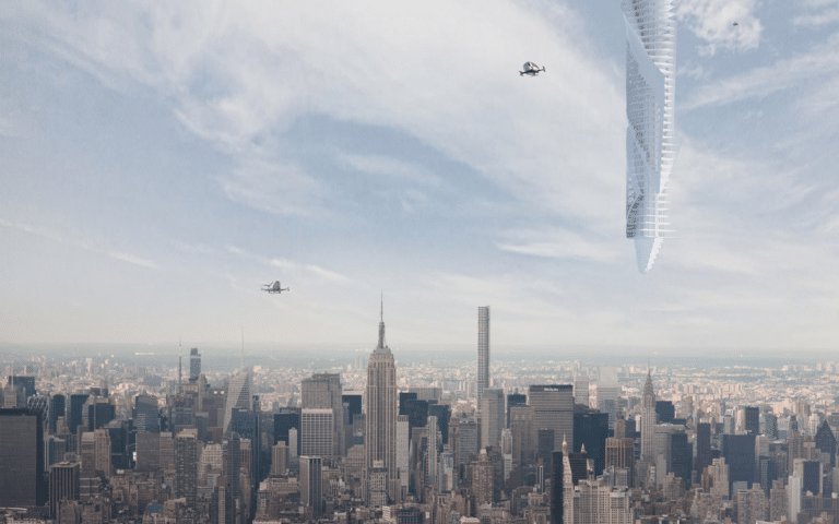 New York architecture firm has proposed a futuristic skyscraper hanging from an asteroid over Dubai