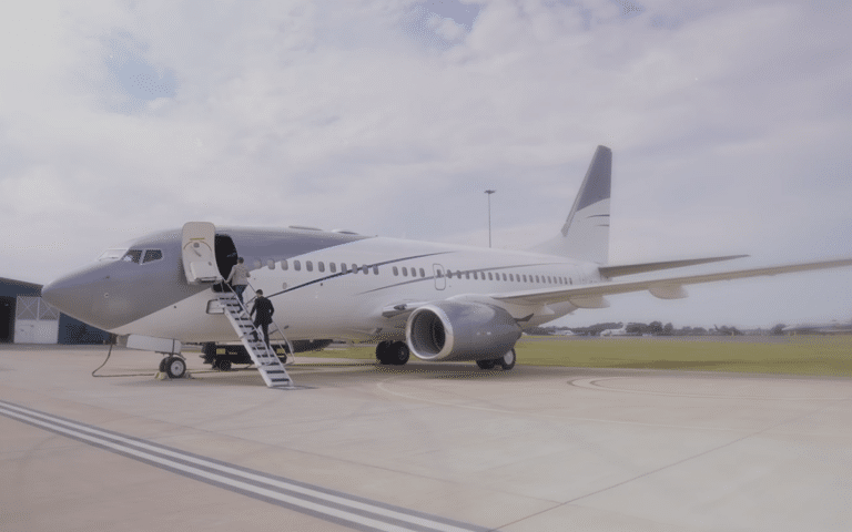 Inside this Boeing Business Jet featuring a king-sized bed and en suite in the sky
