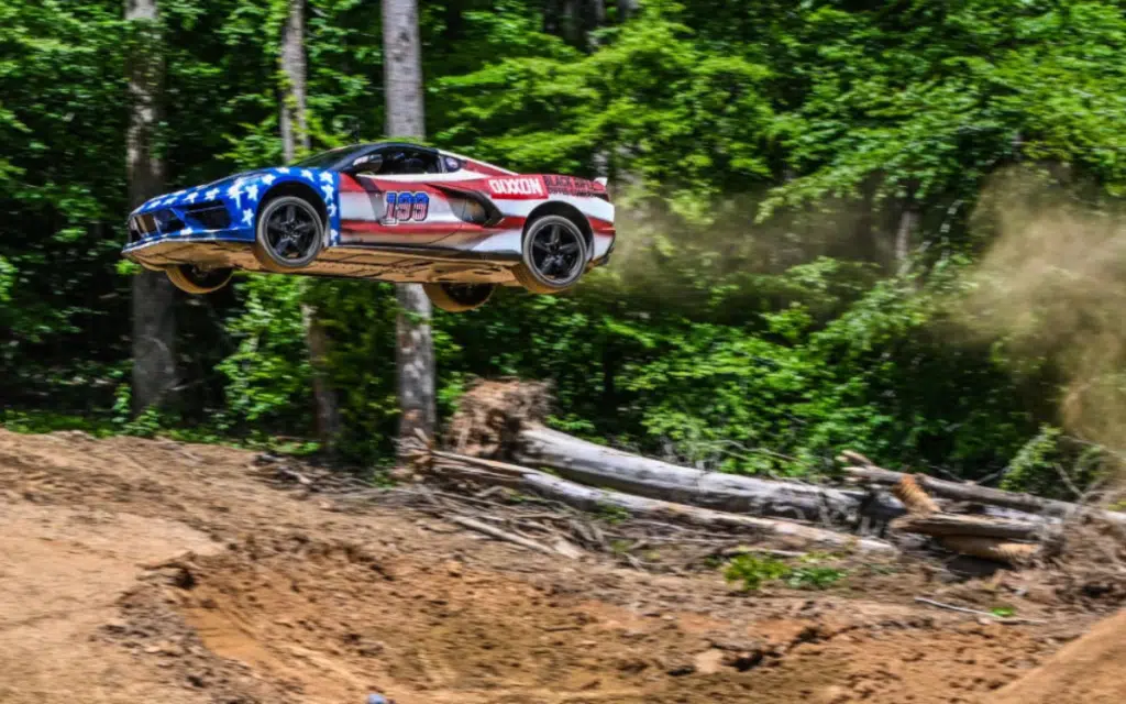 This C8 Corvette flew over 100 feet at Travis Pastrana’s dirt playground — and nearly didn’t make it