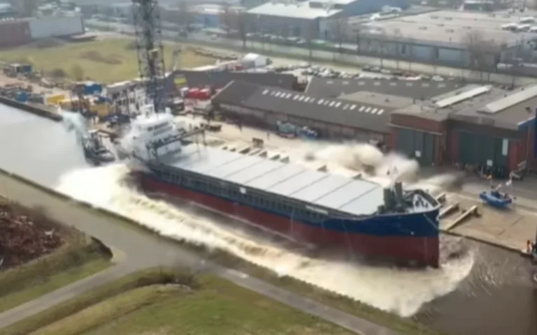 Amazing footage shows how new boats go from land to water