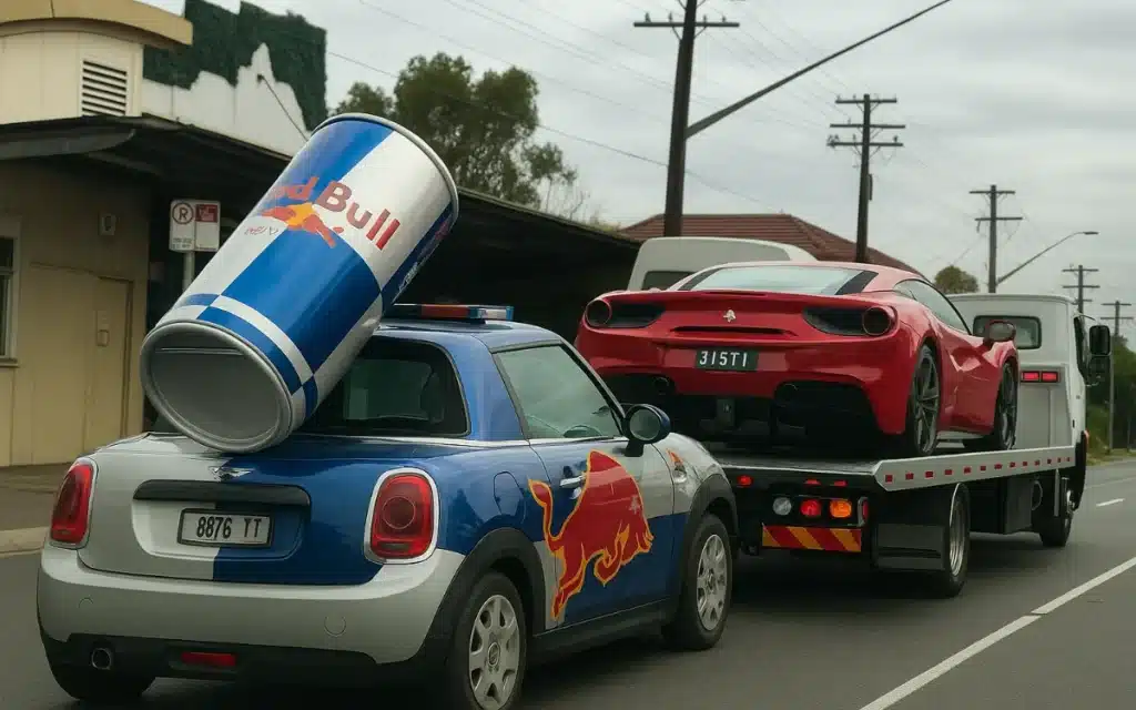 Australian spots Ferrari supercar closely followed by Red Bull Mini in a clash of two worlds