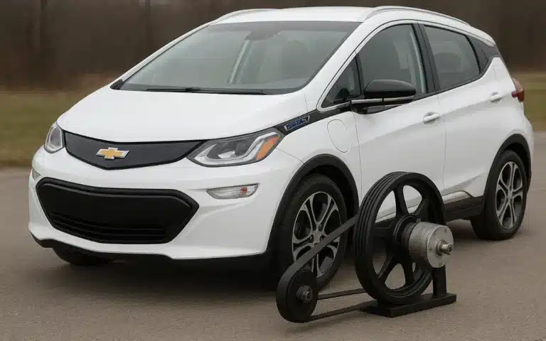 Genius Chevrolet Bolt driver attaches belt to rear wheel and generator to charge its battery while driving