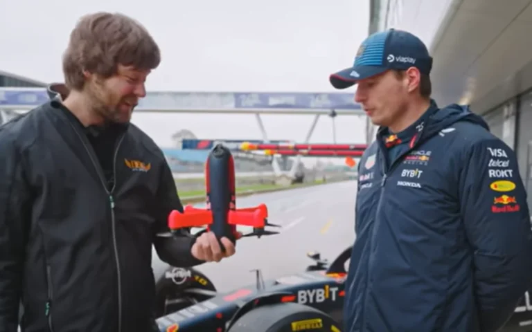 World's fastest camera drone follows Max Verstappen driving Red Bull F1 car to see if it can keep up