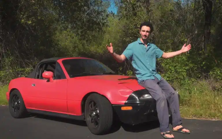 This Miata car paint job was a DIY car project involving a full garage respray and bodywork repair, completed at home with no professional help