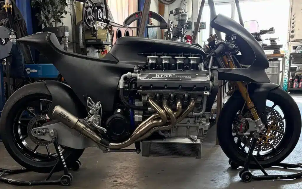 This custom V8 motorcycle uses a Ferrari F355 engine and keeps true sport bike proportions while delivering 400 horsepower in a 590-pound build