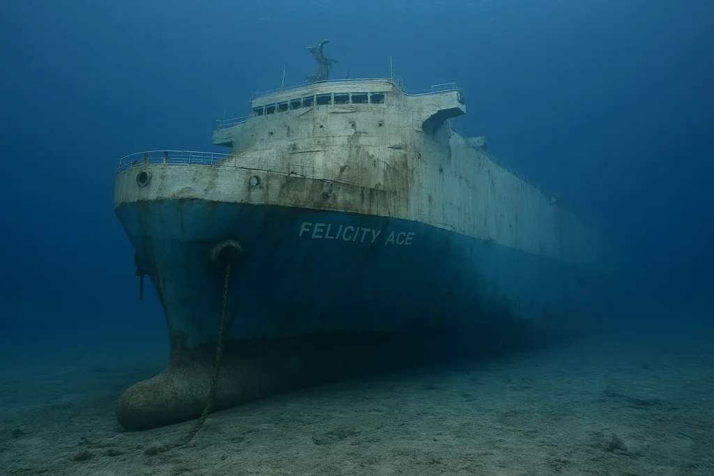 Felicity Ace was a cargo ship that sank with 4,000 supercars worth $400 million onboard and will never be recovered so it remains a ghostly underwater garage