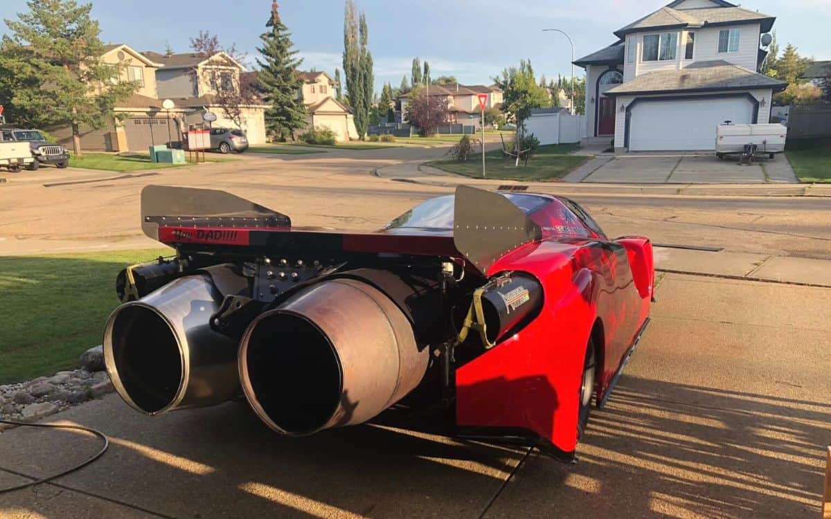 Dad builds jet-powered Ferrari dragster in his backyard garage