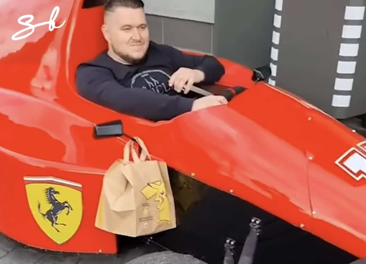 Ferrari F1 car at McDonald's drive thru