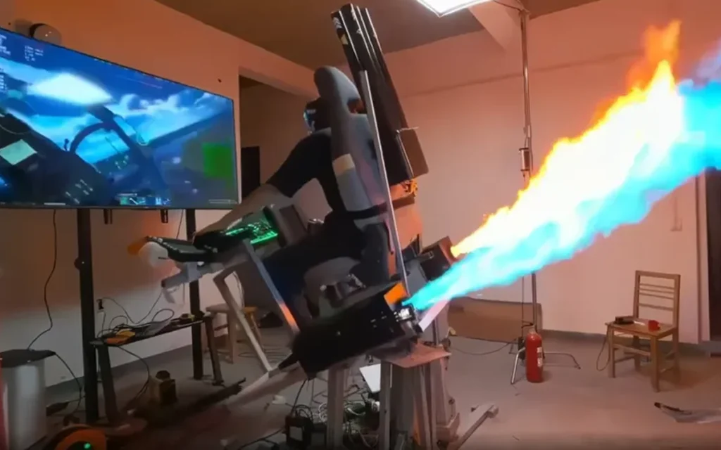Chinese content creator 'blyat' has created an absolutely wild fighter jet simulator cockpit in his garage, primed with turbines, launchers, and machine guns