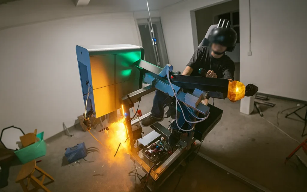 Chinese content creator blyat has created an absolutely wild fighter jet simulator cockpit in his garage, primed with turbines, launchers, and machine guns