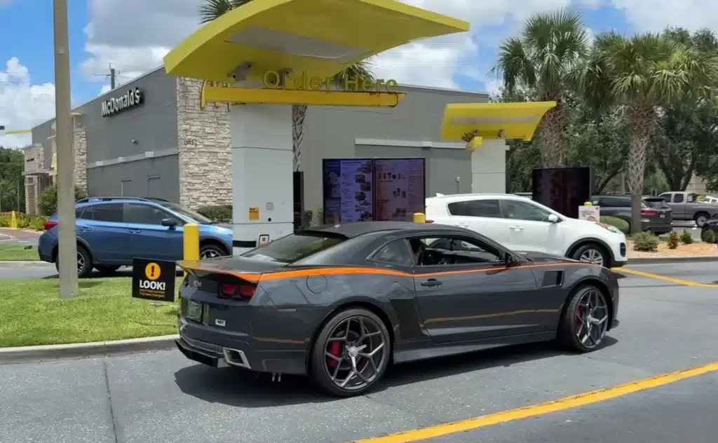 A turbine car built from a Chevy Camaro fired up its jet engine at a McDonald’s drive-thru and left without a McFlurry after causing a fiery scene