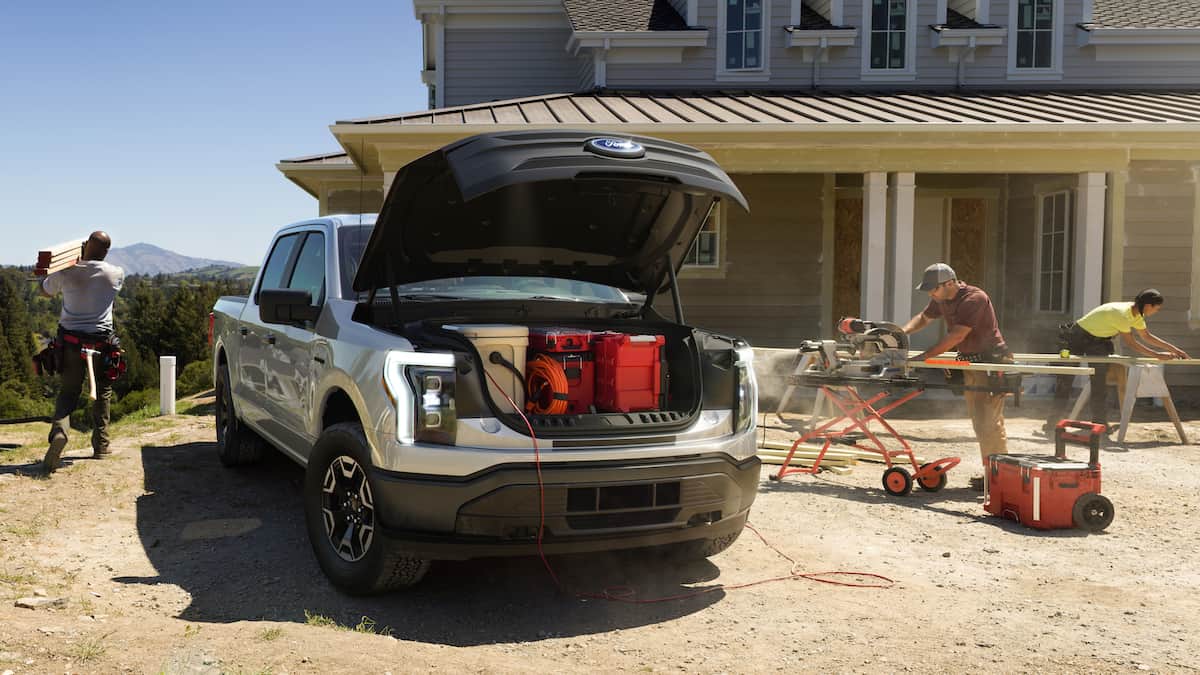 Ford F-150 Lightning electric truck powering a construction site