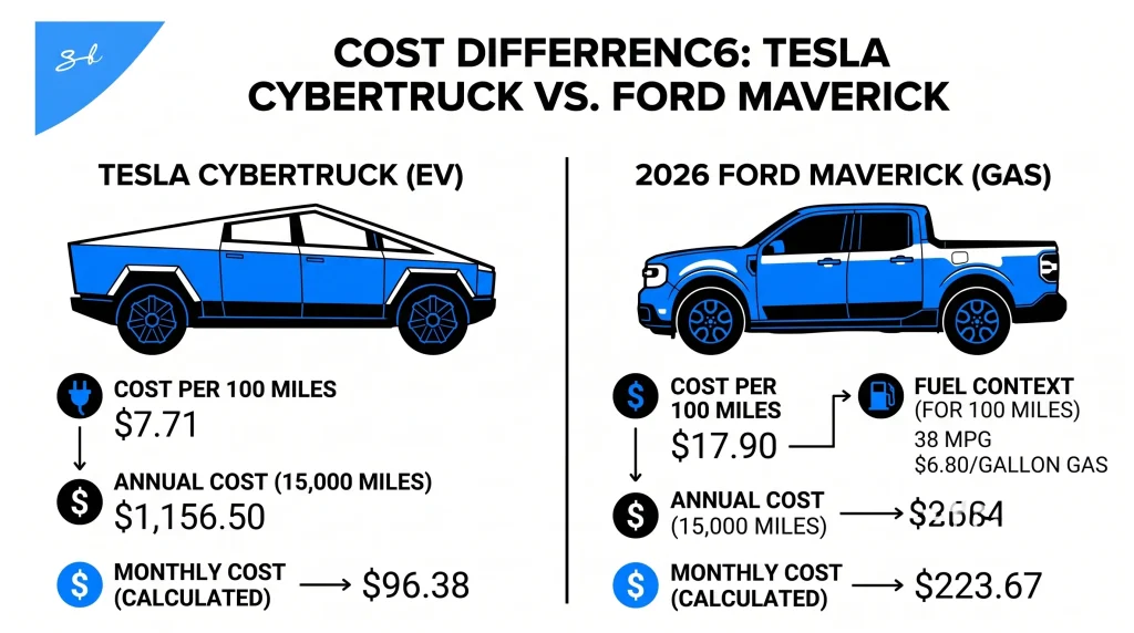 The gap between the monthly cost of charging a Tesla Cybertruck EV vs filling a Ford Maverick in the US is nothing short of staggering