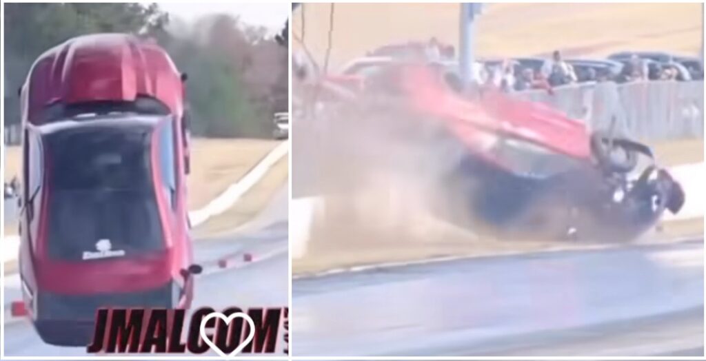 Ford Mustang takes off, loses traction, flies, crashes into the kerb during drag race
