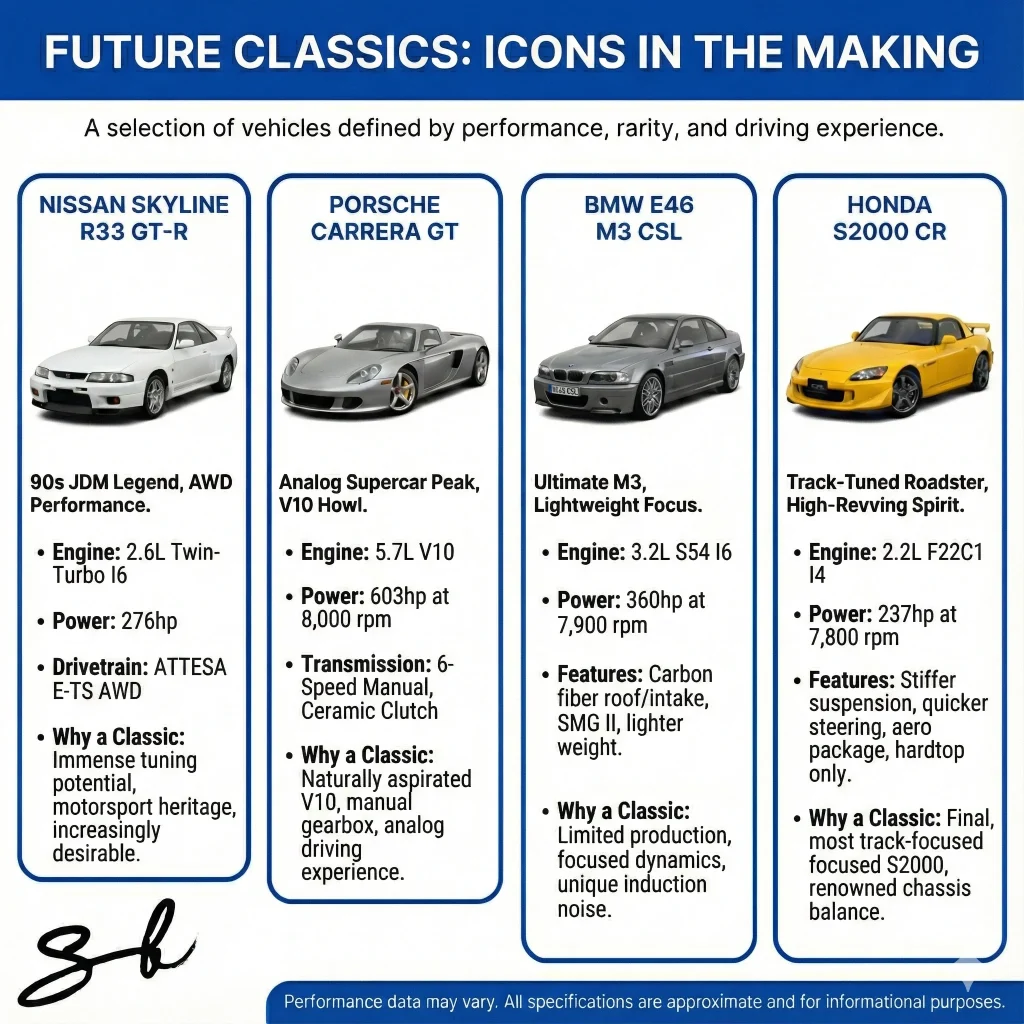 From the Nissan Skyline GT-R to the Porsche Carrera GT these are the cars destined to be future classics