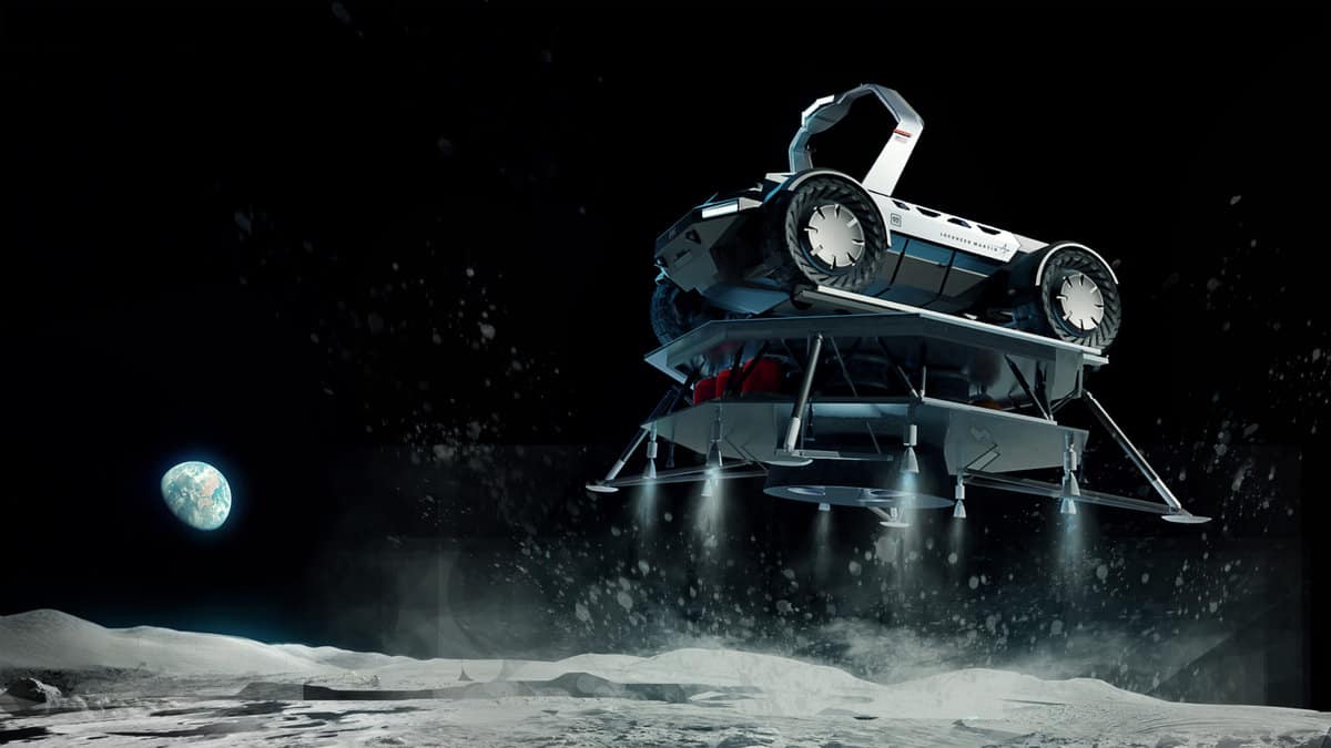 The moon rover takes off from the moon in a render.