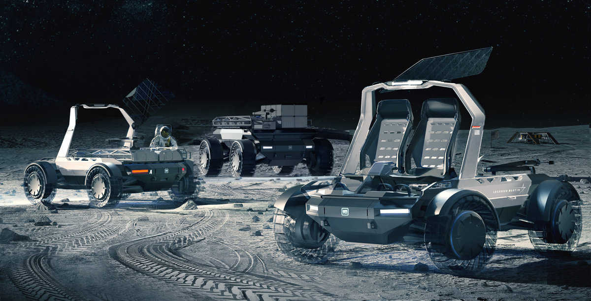 Three moon rovers designed by GM and Lockheed Martin parked on the moon's surface in a render.