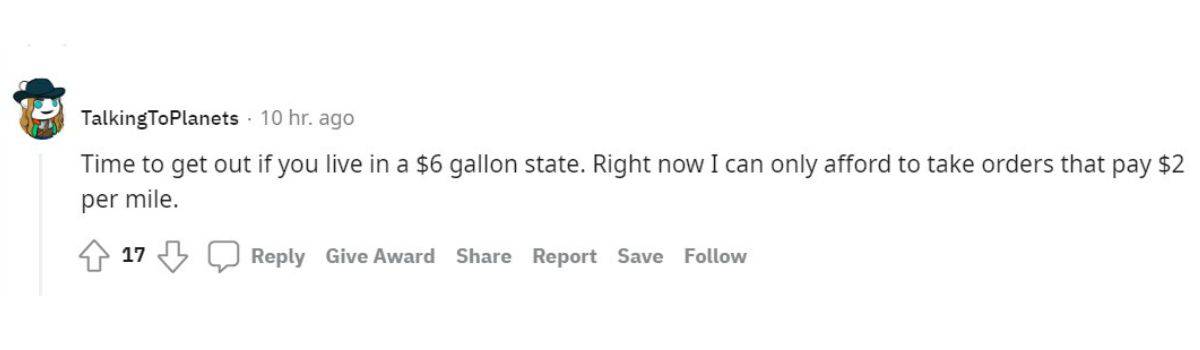 A reddit post about gas prices and food delivery.