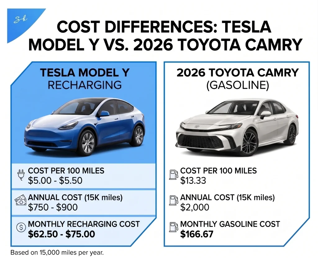 The gap between the monthly cost of charging a Tesla Model Y vs filling a Toyota Camry in the US is very surprising