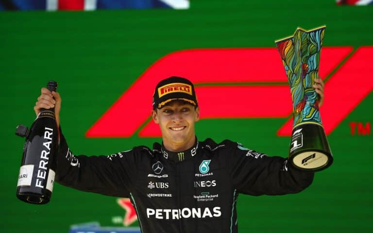 George Russell on the podium at the Brazilian F1 GP
